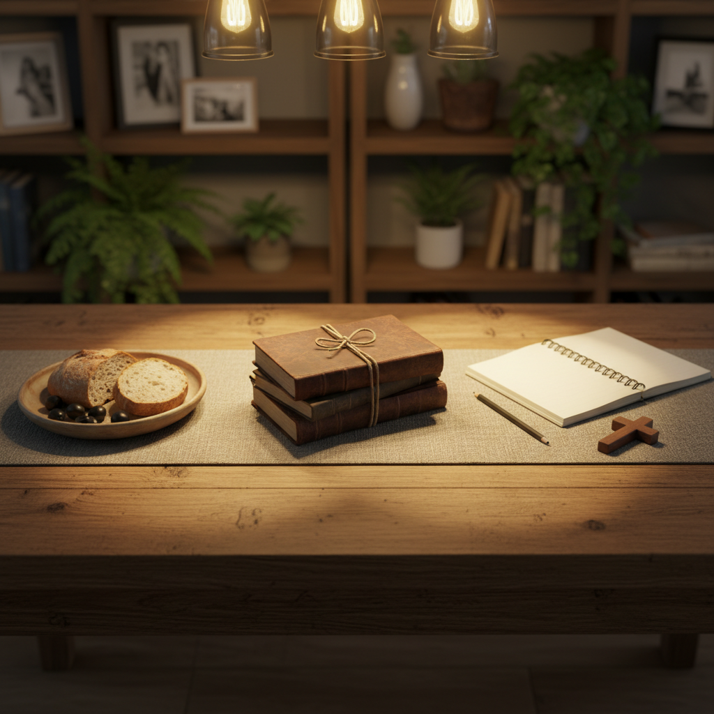 A sturdy wooden dining table of rich oak stands in a warmly lit room, its surface set with three distinct place settings: a simple ceramic plate with bread and olives, a stack of worn hardcover books tied with twine, and a neatly arranged notebook with a graphite pencil and small wooden cross. A linen runner in muted beige unites the elements. Soft, warm pendant lighting from above casts gentle pools of light and rounded shadows, creating a sense of quiet intimacy. The background shows built-in shelves with blurred shapes of framed photos and potted greenery. Photographic realism, captured from a slightly elevated angle with moderate depth of field, the composition symbolizes the harmony of faith, family, and meaningful work in everyday life.