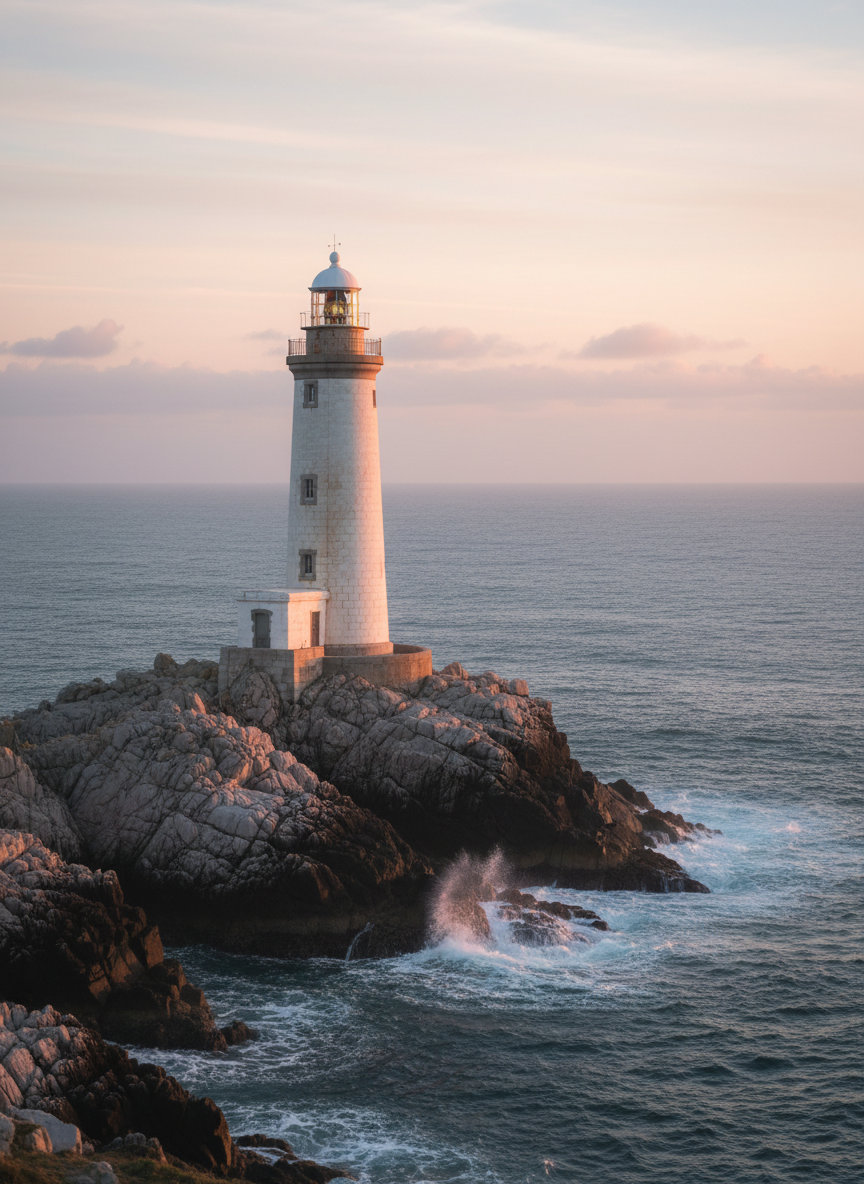 A solitary lighthouse stands firmly on a rugged coastline, its white masonry tower anchored to dark, weathered rock that meets a steady, slate-blue sea. The sky is painted with soft pastel hues of early dawn, as the first light of day wraps the structure in a gentle golden glow. The lantern room emits a faint residual light, symbolizing guidance before sunrise. Waves lap rhythmically against the rocks, sending up small sprays that catch the light. Shot from a slightly low angle in photographic realism, the composition follows the rule of thirds, with sharp focus on the lighthouse and a subtly blurred horizon. The mood is resolute yet serene, suggesting firm direction and unshaken purpose.