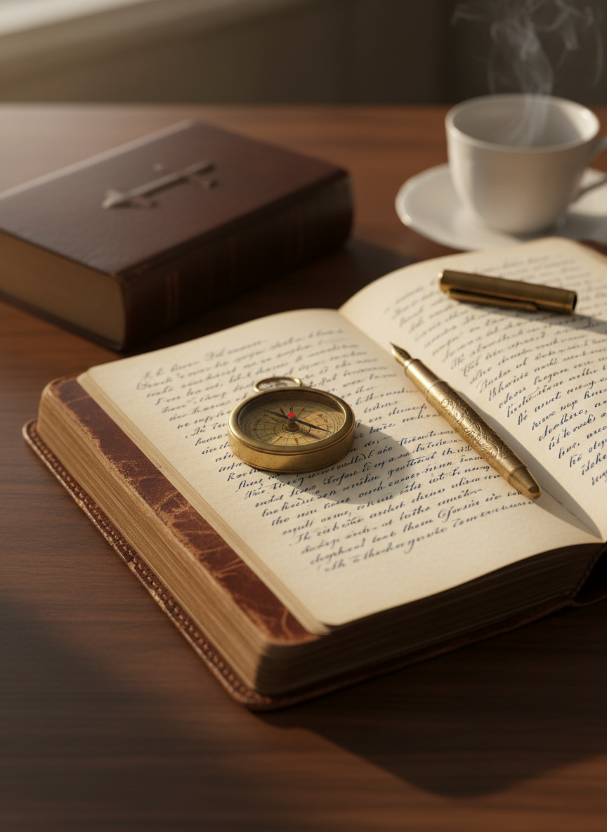 A well-worn leather-bound journal lies open on a dark walnut desk, its cream pages filled with neat handwritten reflections in deep blue ink. A brass fountain pen rests diagonally across the page, beside a small, antique compass with a slightly tarnished finish, its needle perfectly aligned north. Soft morning light enters from the left, filtered through an unseen window, creating gentle highlights on the leather texture and subtle shadows along the pen and compass. In the softly blurred background, a closed Bible with a simple cross on the spine and a porcelain cup of tea add quiet context. Photographic realism, eye-level composition with shallow depth of field, evoking a calm, contemplative, purpose-driven atmosphere.